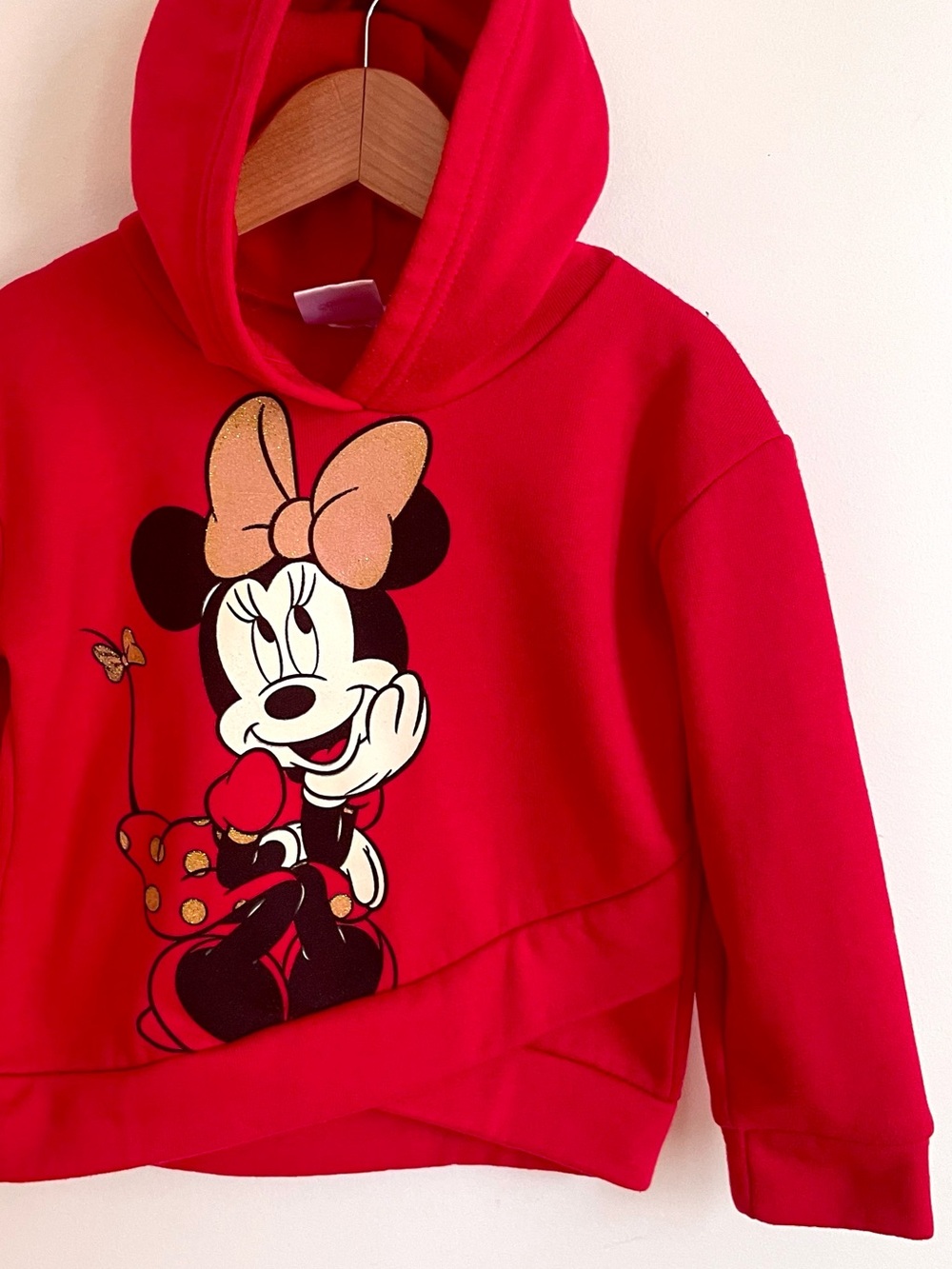 $9 💥Minnie Mouse Hoodie, Gold Sparkle, Overlap Hem, Fleecy Inner, Red